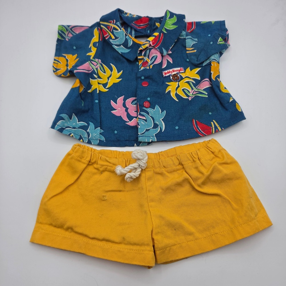 Vintage Teddy Ruxpin Summertime Outfit Tropical Shirt Yellow Shorts WOW 1980s